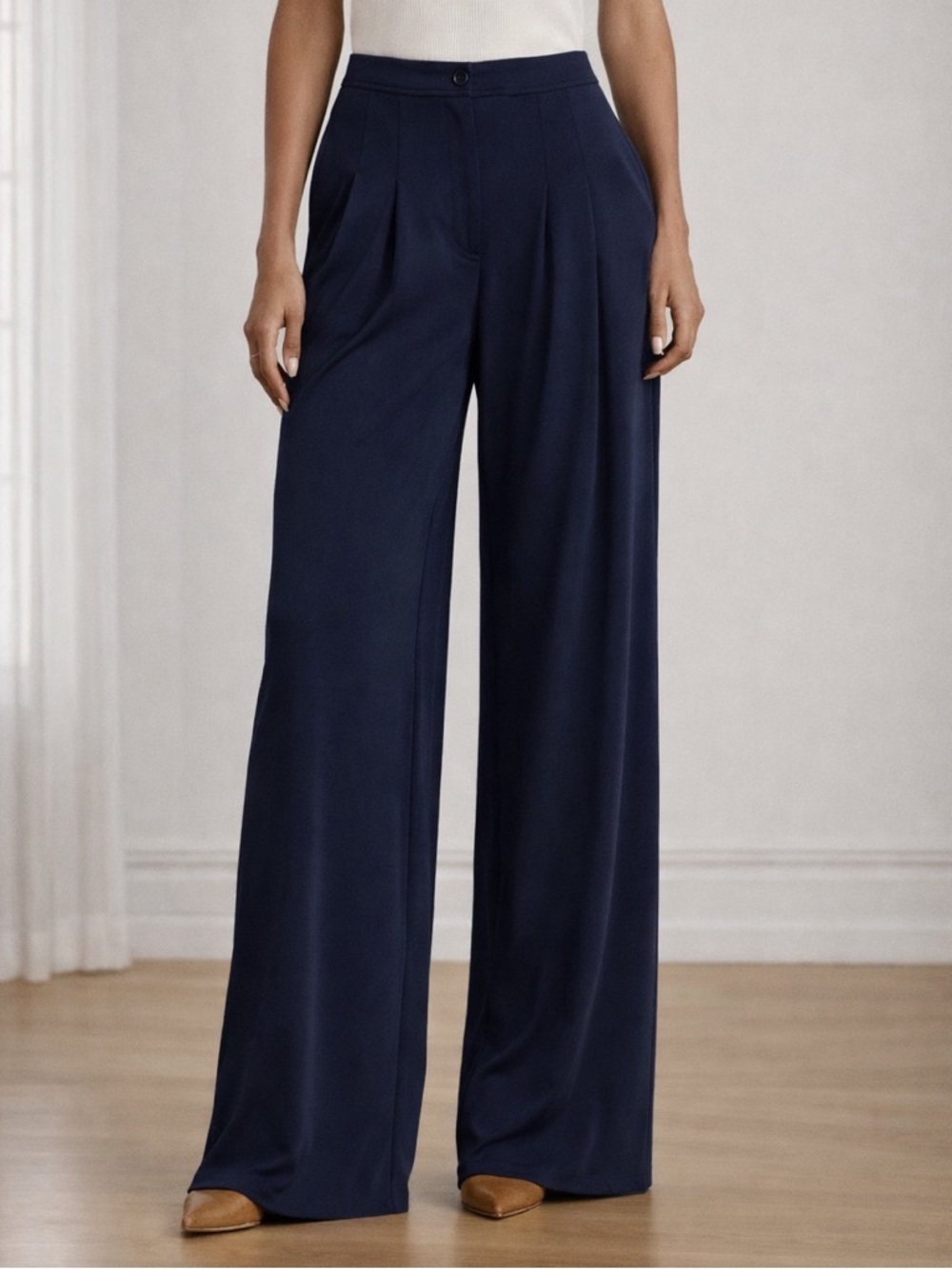 Lauren Ralph Lauren Pleated Stretch Jersey Wide-Leg Pants in Navy Size 6